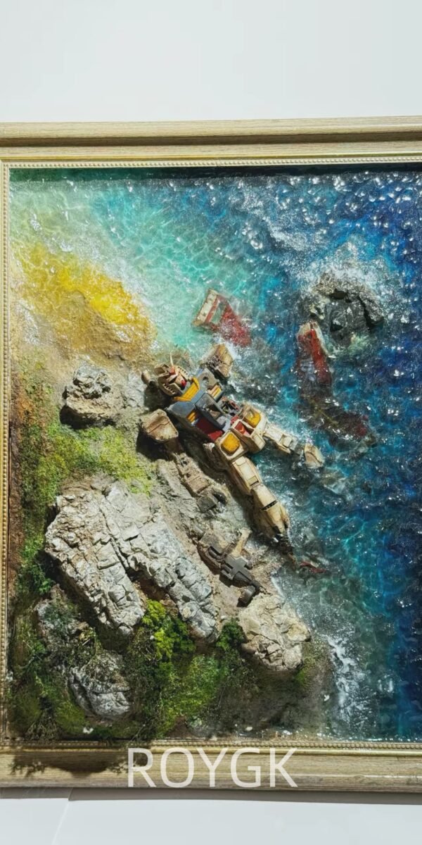 Damaged Gundam × Coastal Seascape 3D Miniature Wall Art