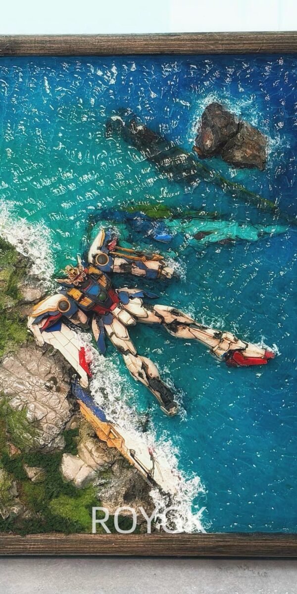 Wing Gundam, coastal reef seascape, miniature diorama 3D ornament, wooden photo frame